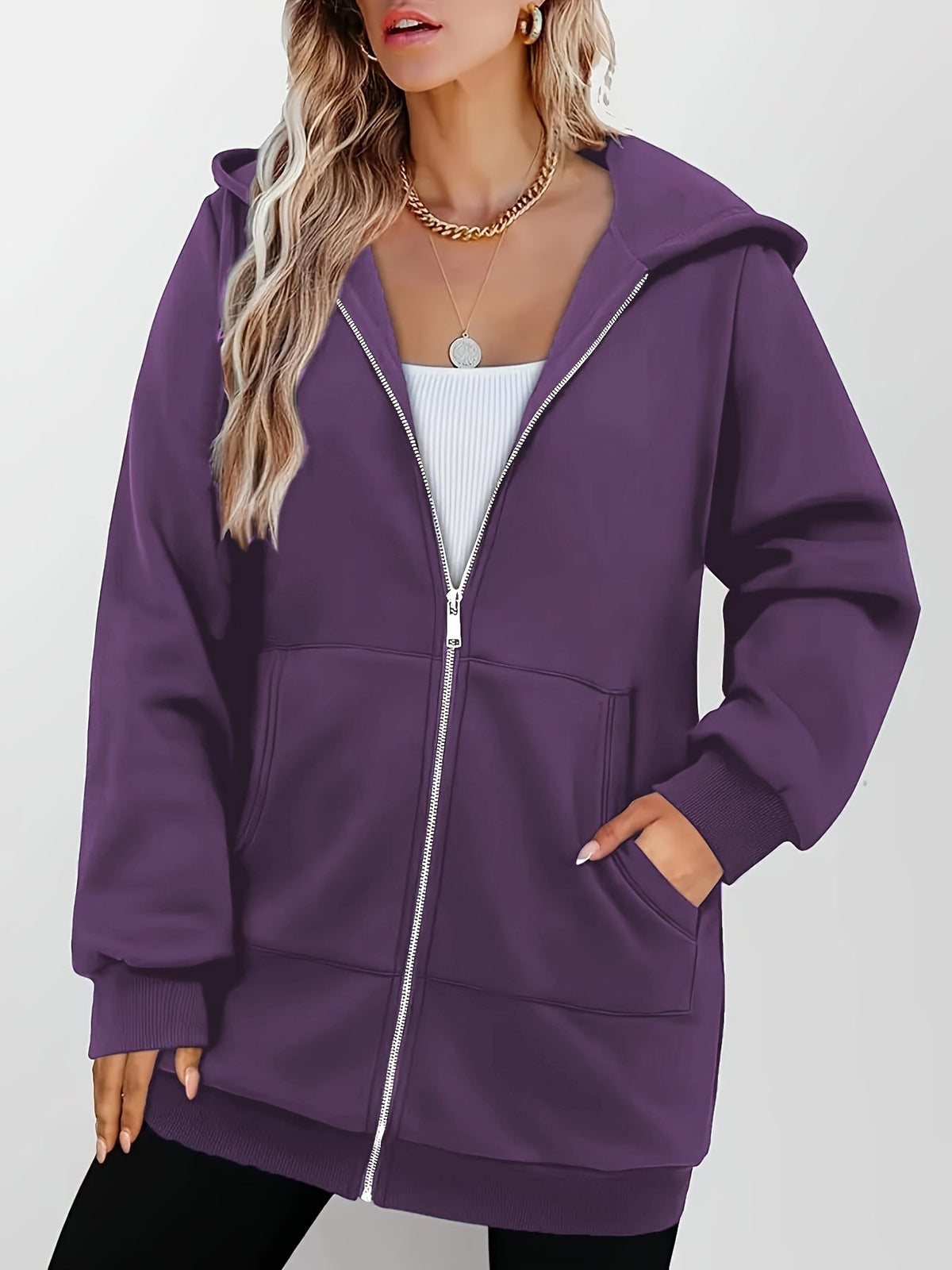 Women's Longline Hooded Zip Jacket with Pockets