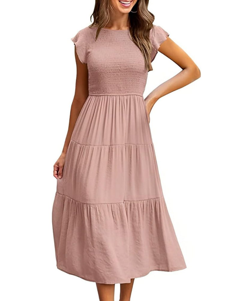 Women's A-Line Midi Dress with Ruffle Sleeves