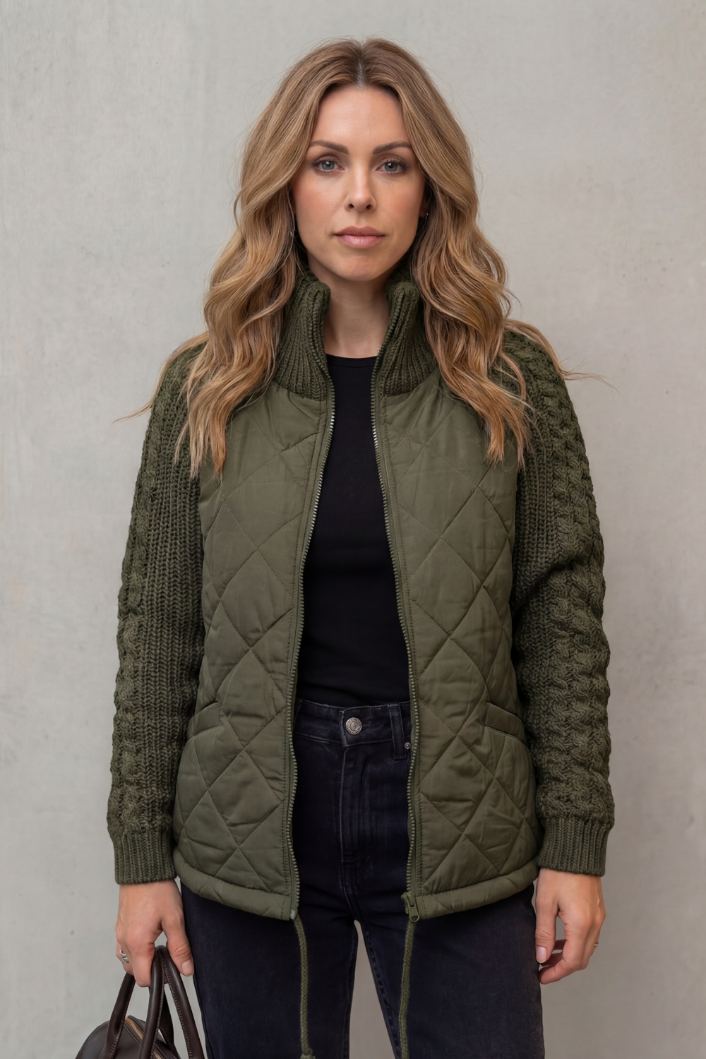 Women's Quilted Puffer Jacket Textured Knit Accents