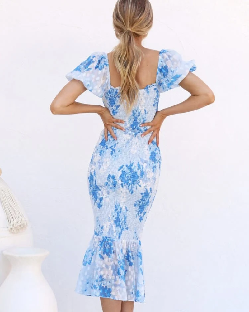 Women's Floral Mermaid Midi Dress with Smocked Bodice
