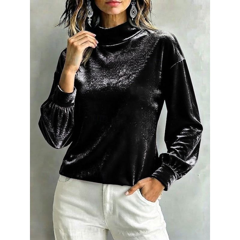 Women's Mock Neck Blouse With Gathered Long Sleeves