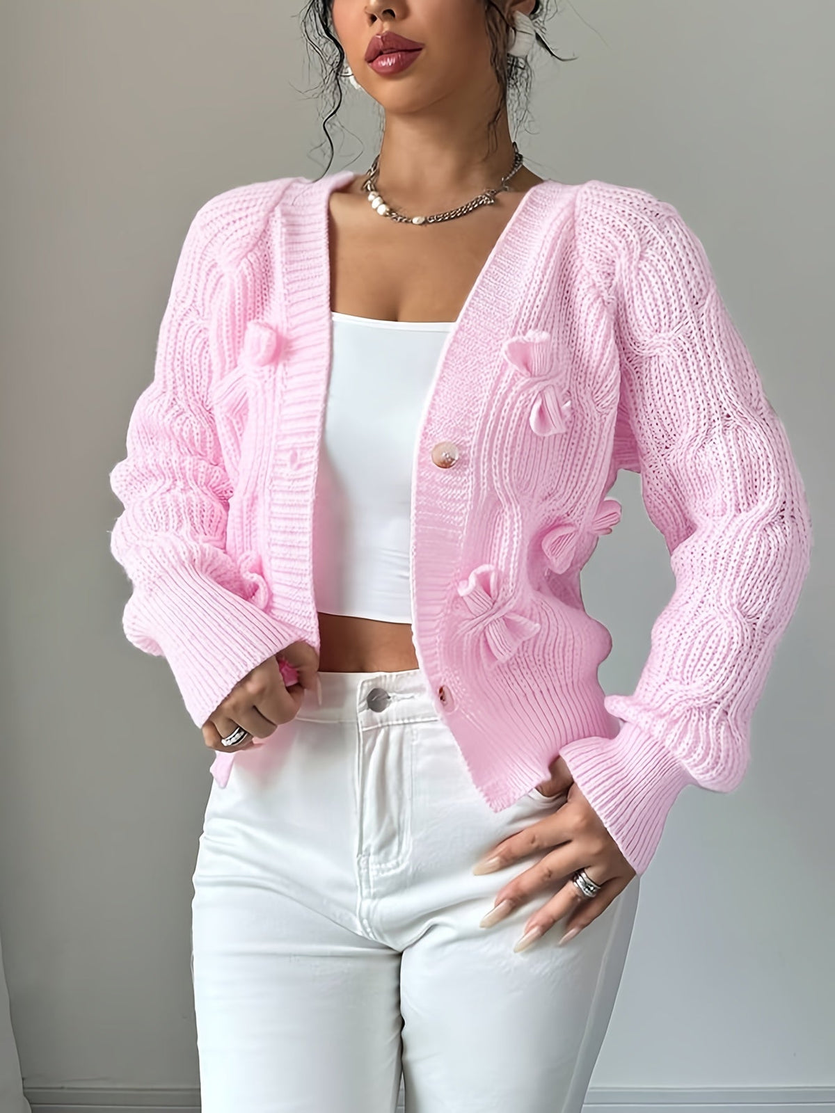 Women's Cable Knit Cardigan with Bow