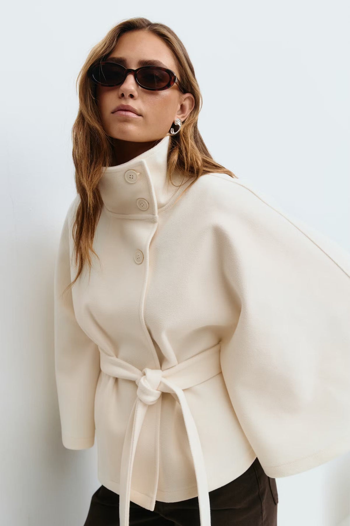 Women's Relaxed Cape Coat with Tie Waist