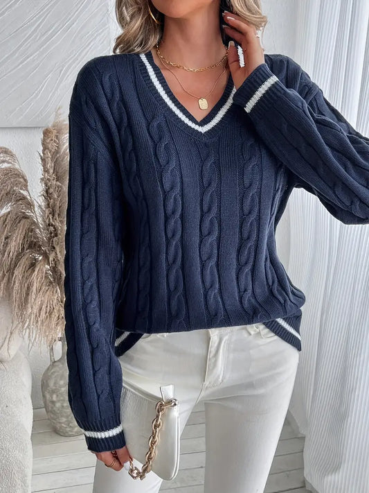 Women's Navy Cable Knit Sweater with White Trim