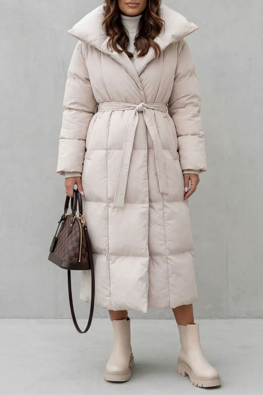 Women's Belted Long Puffer Coat for Cold Weather