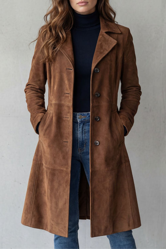 Women's Suede Longline Coat for Office Work