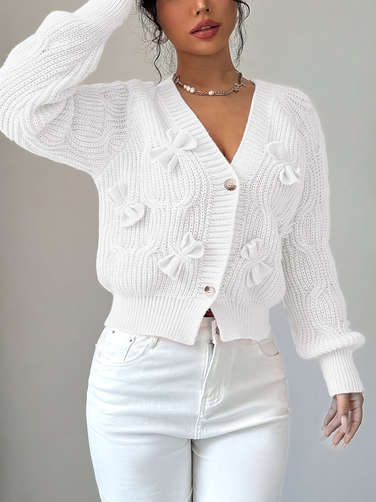 Women's Cable Knit Cardigan with Bow