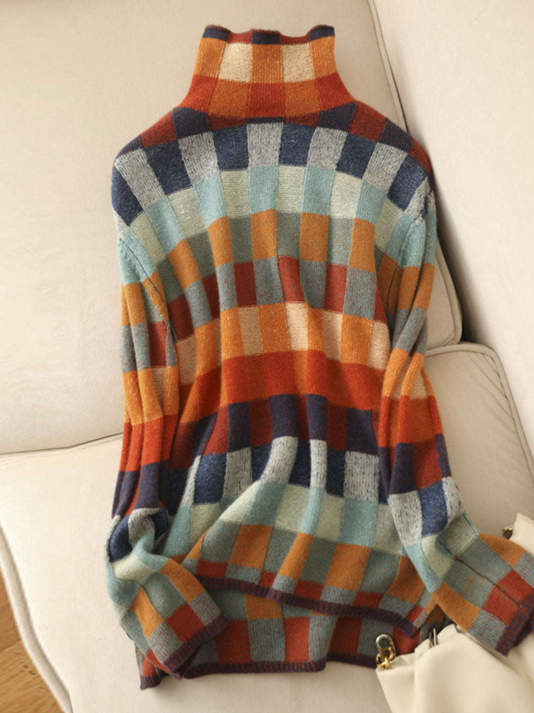 Women's Plaid Knitted Jumper with Turtleneck