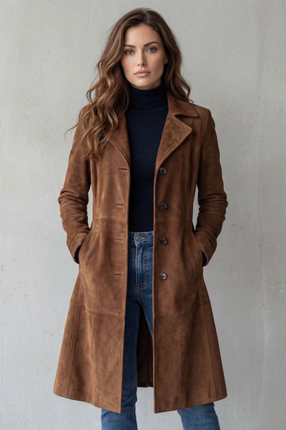 Women's Suede Longline Coat for Office Work
