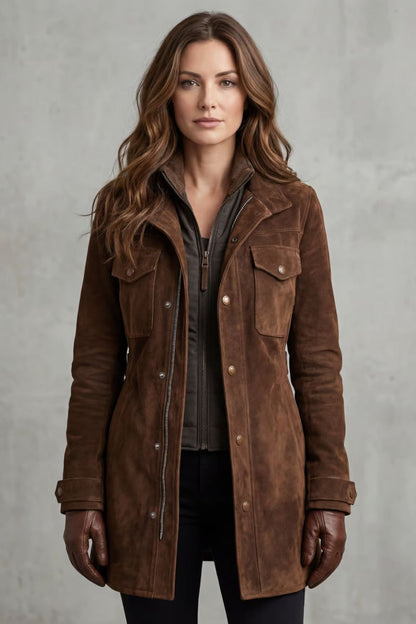 Women's Suede Longline Coat for Everyday Wear