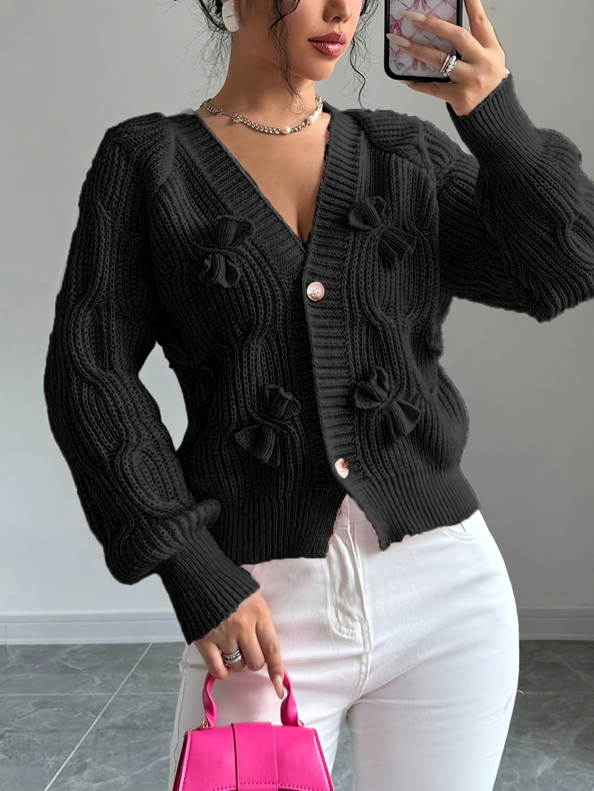 Women's Cable Knit Cardigan with Bow