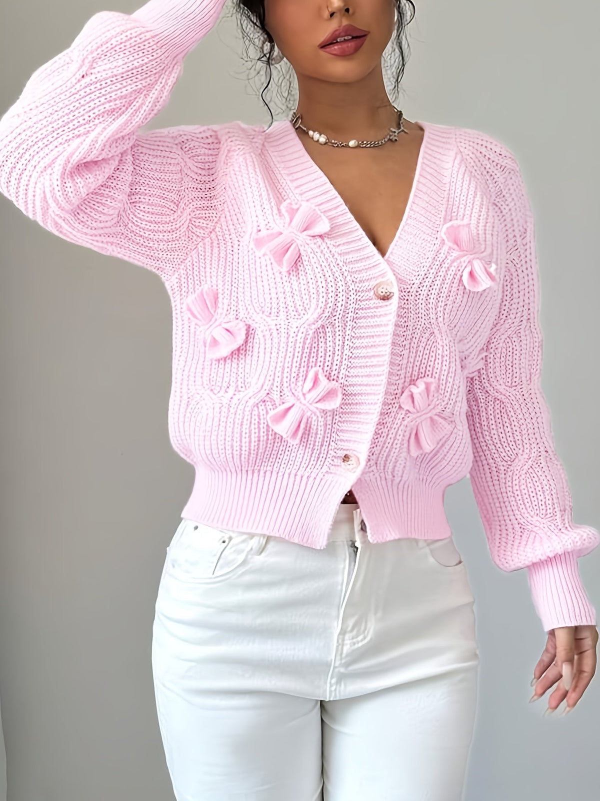 Women's Cable Knit Cardigan with Bow