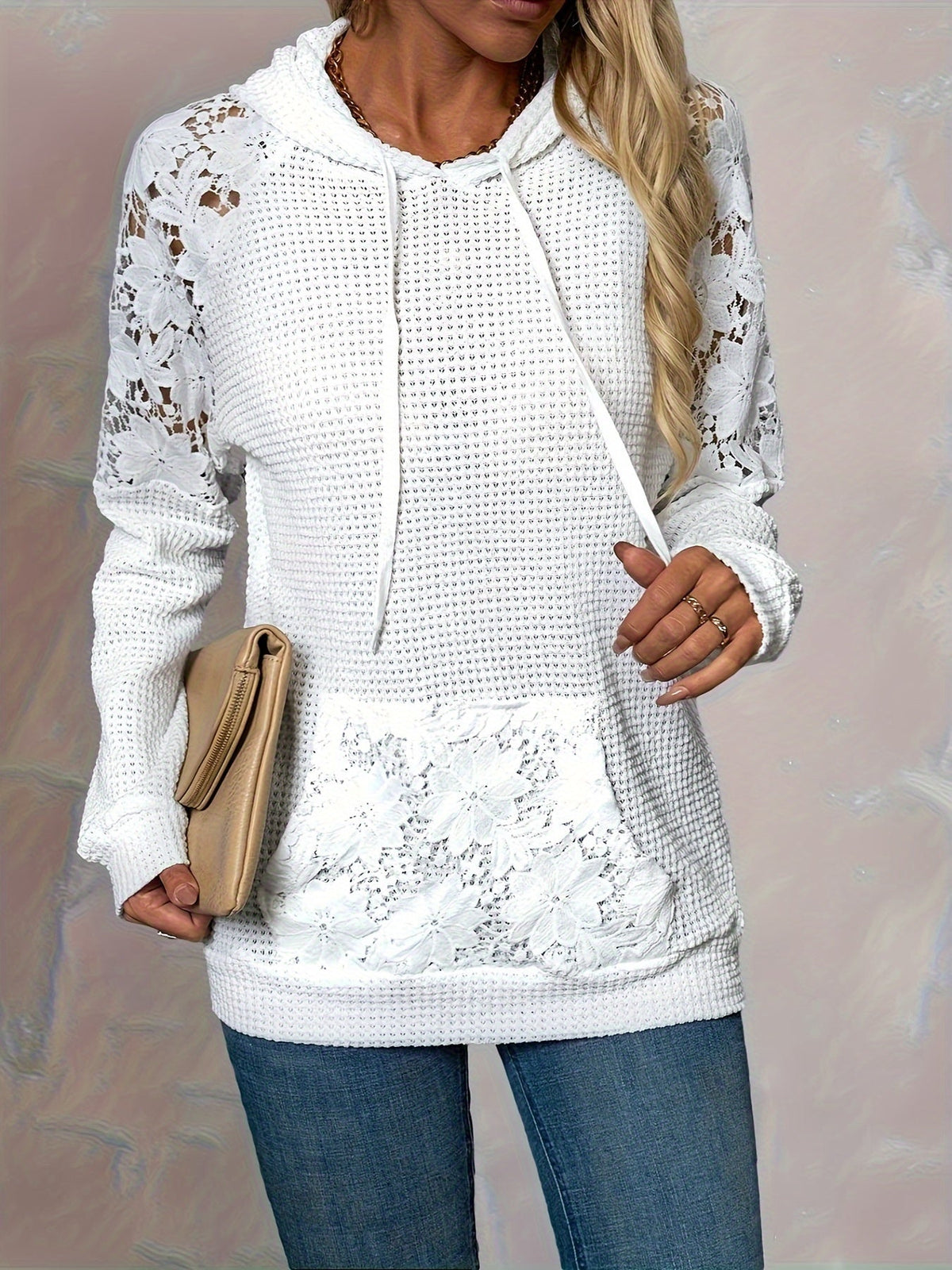 Women's Floral-Trimmed Hooded Top with Pocket