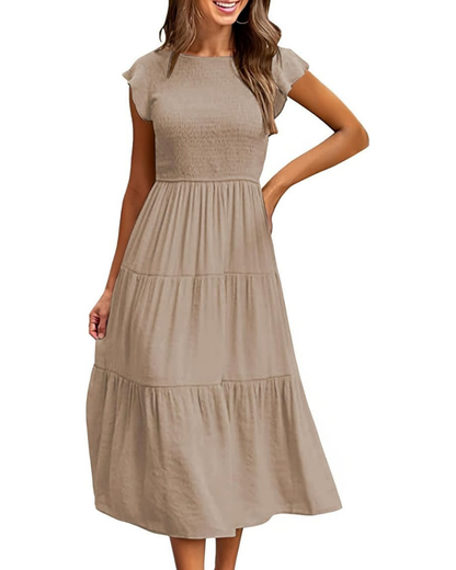 Women's A-Line Midi Dress with Ruffle Sleeves
