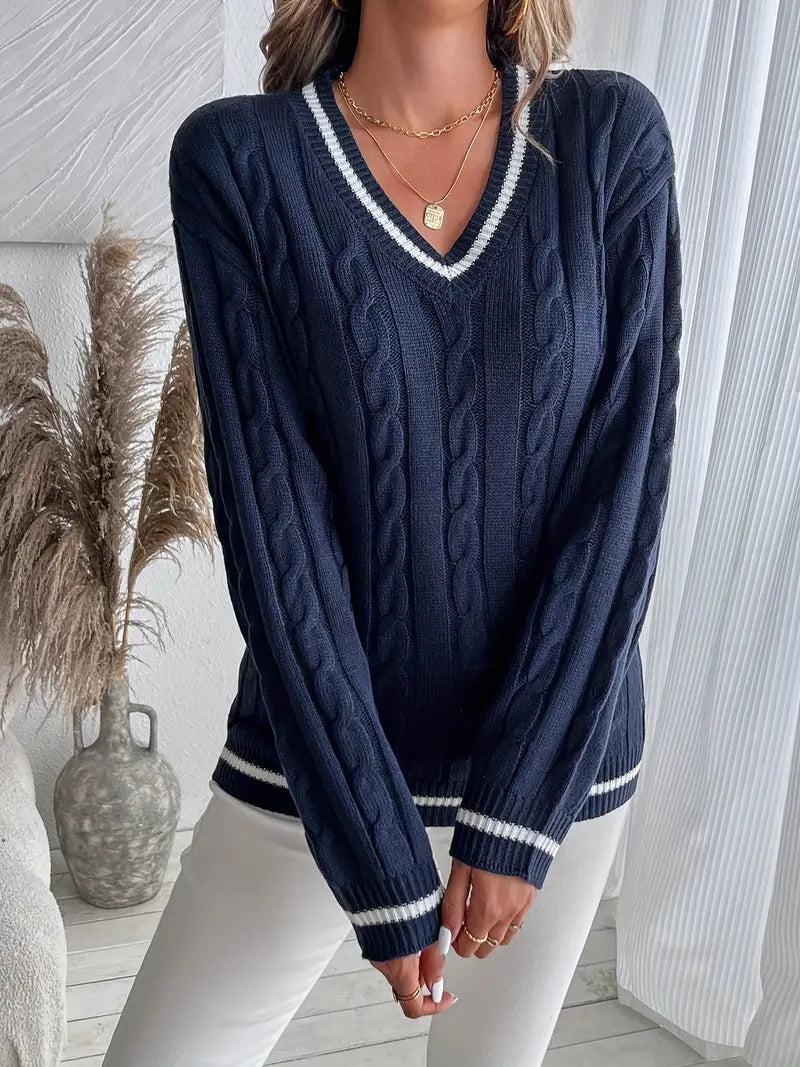 Women's Navy Cable Knit Sweater with White Trim