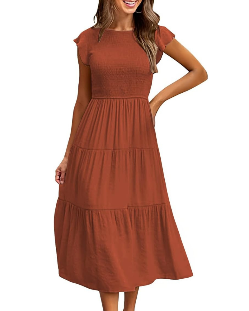 Women's A-Line Midi Dress with Ruffle Sleeves