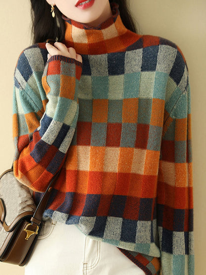Women's Plaid Knitted Jumper with Turtleneck