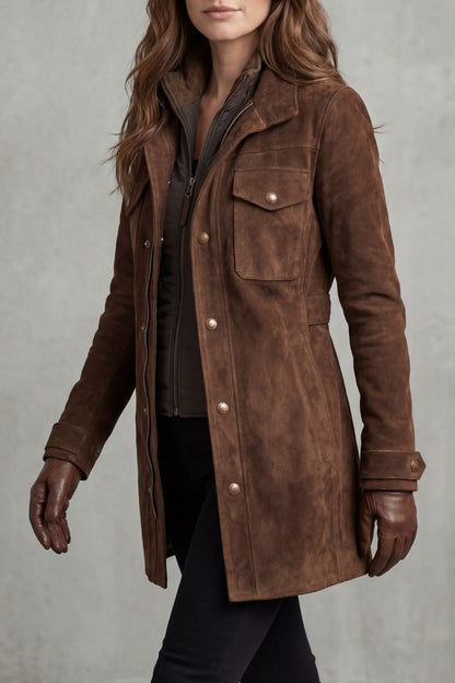 Women's Suede Longline Coat for Everyday Wear