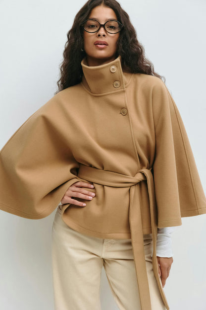 Women's Relaxed Cape Coat with Tie Waist