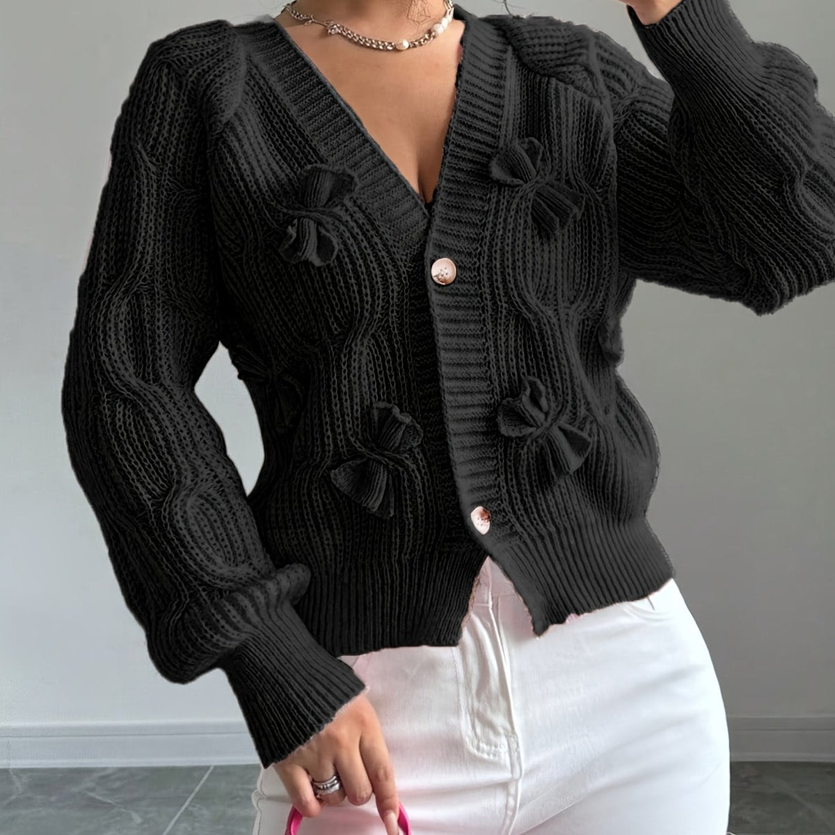Women's Cable Knit Cardigan with Bow