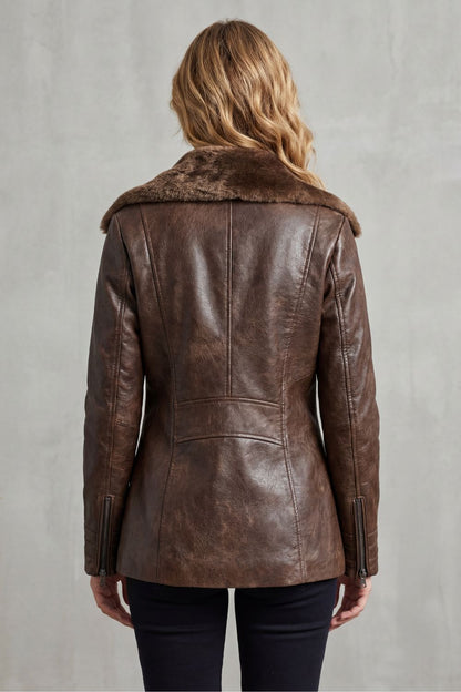 Women's Faux Leather Jacket with Shearling Collar