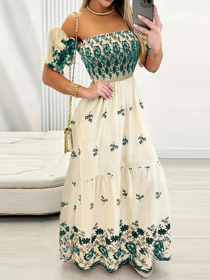 Women's Off-the-Shoulder Floral Print Maxi Dress with Puff Sleeves