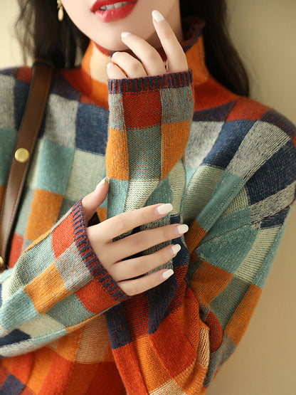 Women's Plaid Knitted Jumper with Turtleneck