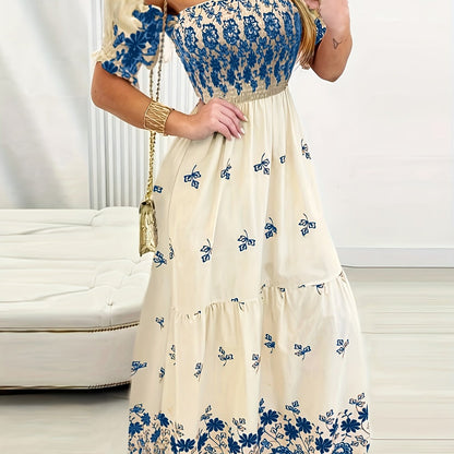 Women's Off-the-Shoulder Floral Print Maxi Dress with Puff Sleeves