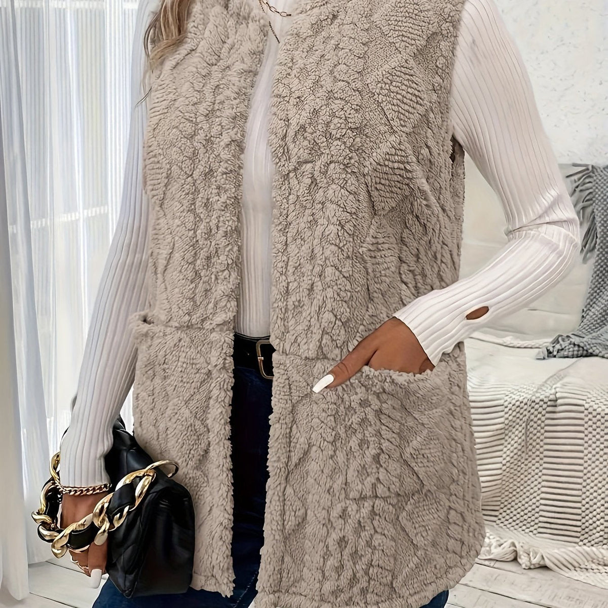 Women's Textured Sleeveless Vest for Winter Layering