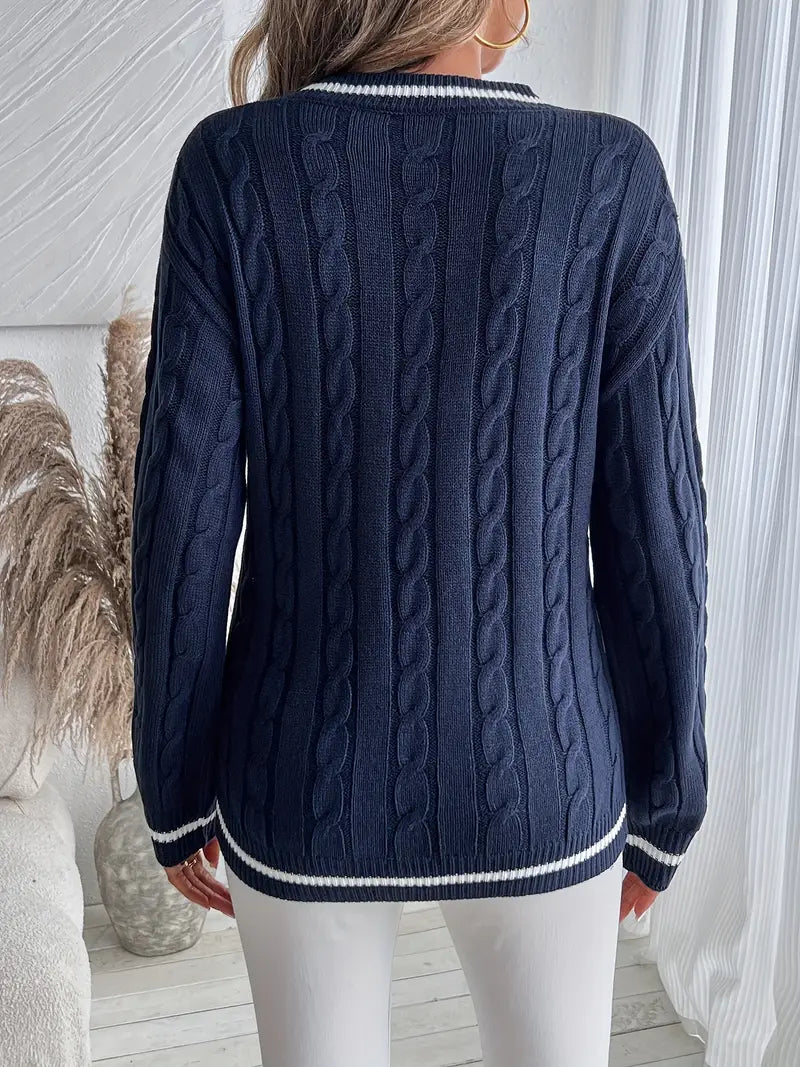 Women's Navy Cable Knit Sweater with White Trim