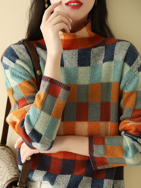 Women's Plaid Knitted Jumper with Turtleneck