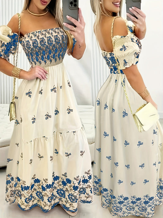 Women's Off-the-Shoulder Floral Print Maxi Dress with Puff Sleeves