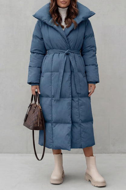 Women's Belted Long Puffer Coat for Cold Weather
