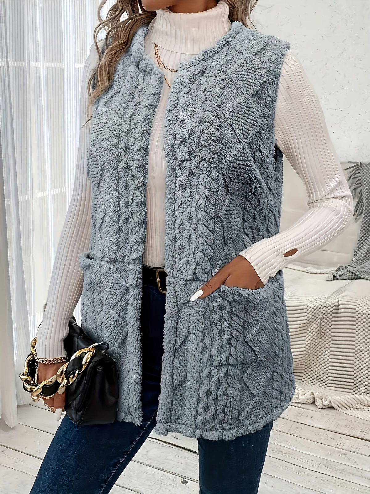 Women's Textured Sleeveless Vest for Winter Layering