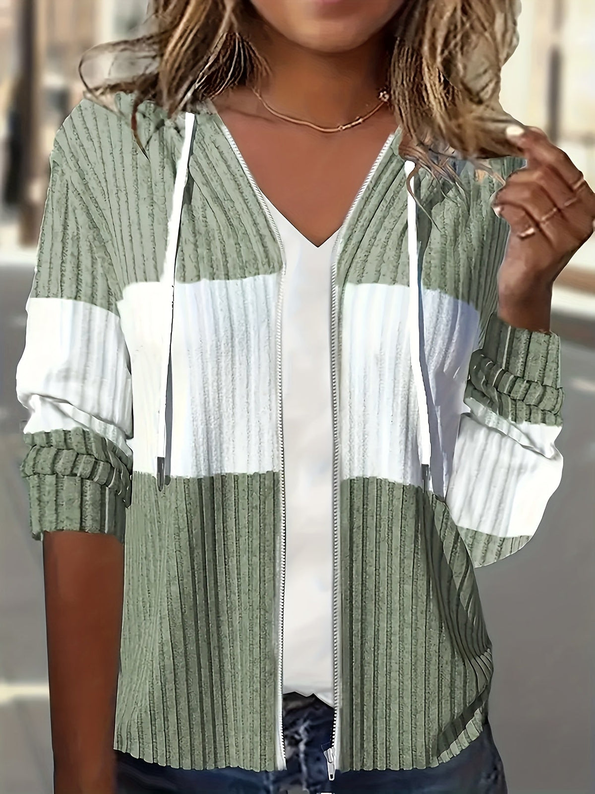 Women's Ribbed Colour-Block Zip-Up Hoodie