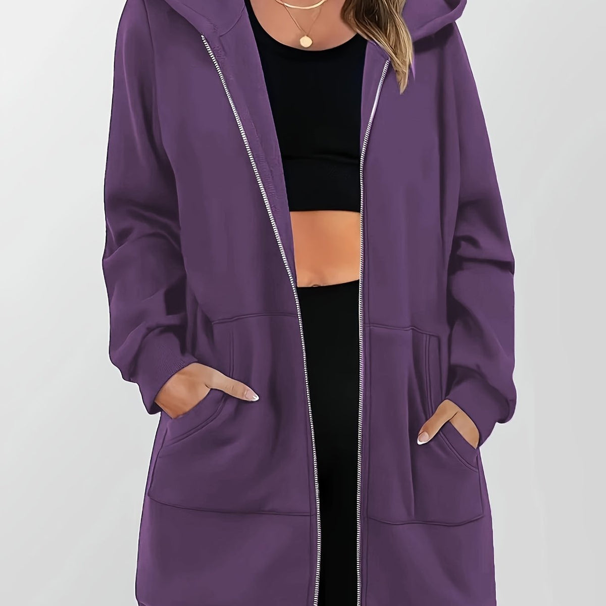 Women's Longline Hooded Zip Jacket with Pockets