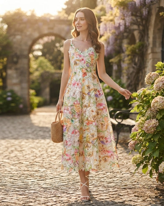 Women's Floral Lace Midi Dress for Wedding Guest