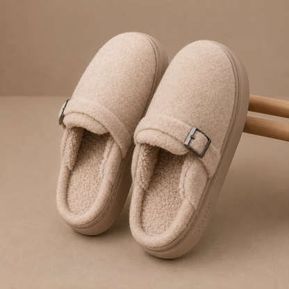 Women's Fleece Slippers with Buckle for Daily Indoor Wear