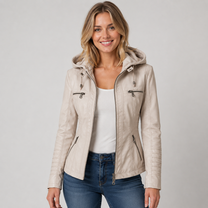 Women's Leather Look Jacket with Detachable Hood
