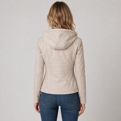 Women's Leather Look Jacket with Detachable Hood