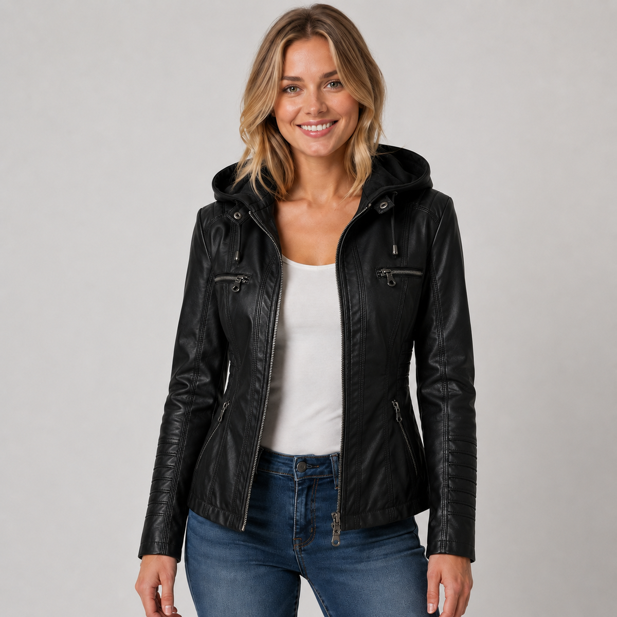 Women's Leather Look Jacket with Detachable Hood