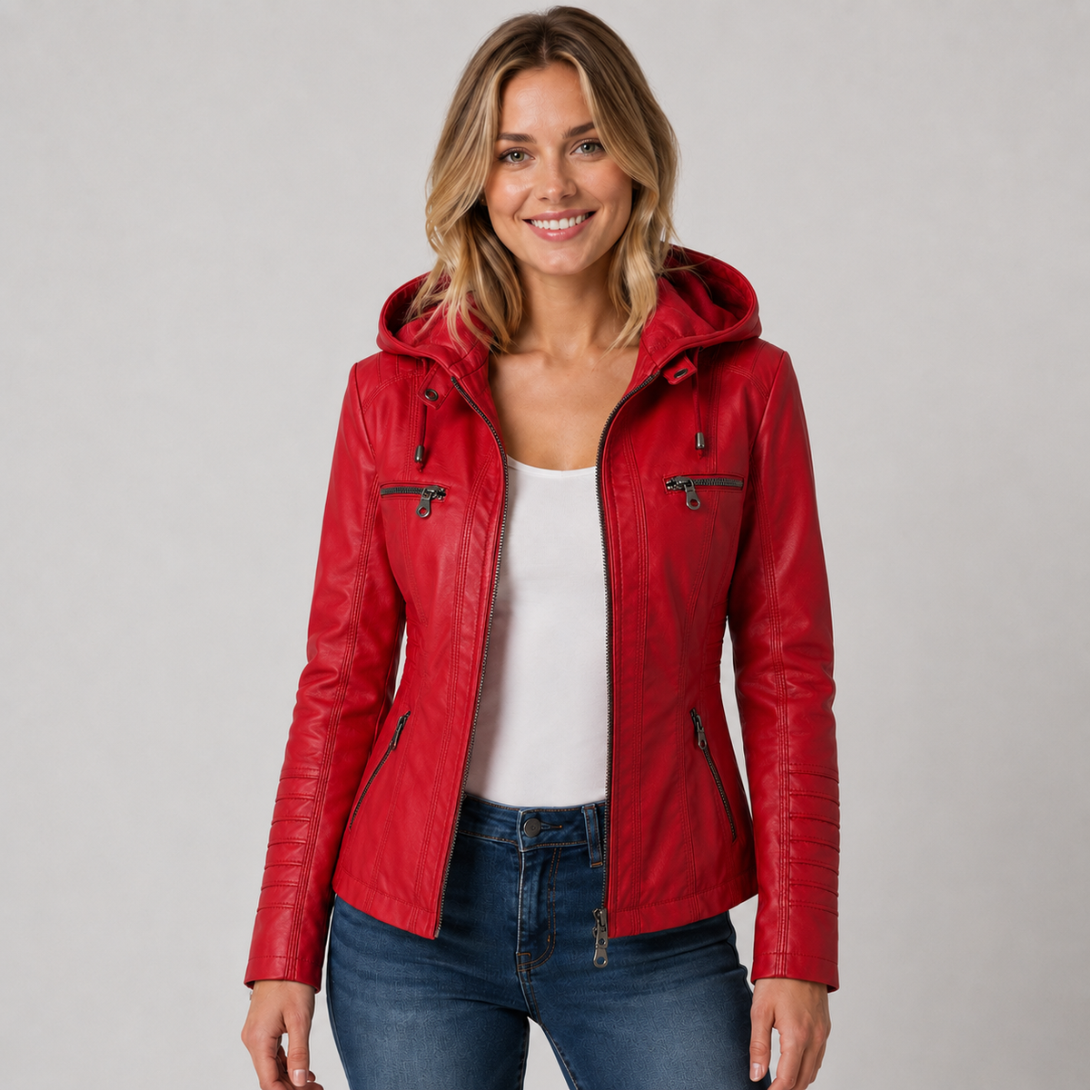 Women's Leather Look Jacket with Detachable Hood