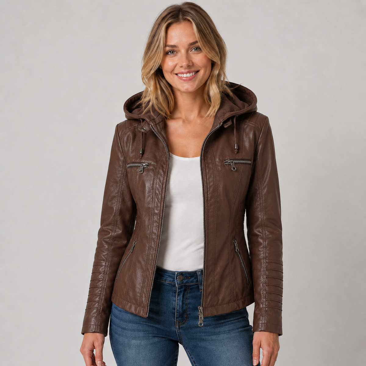 Women's Leather Look Jacket with Detachable Hood