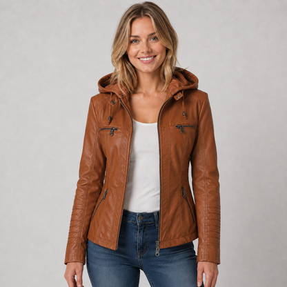 Women's Leather Look Jacket with Detachable Hood
