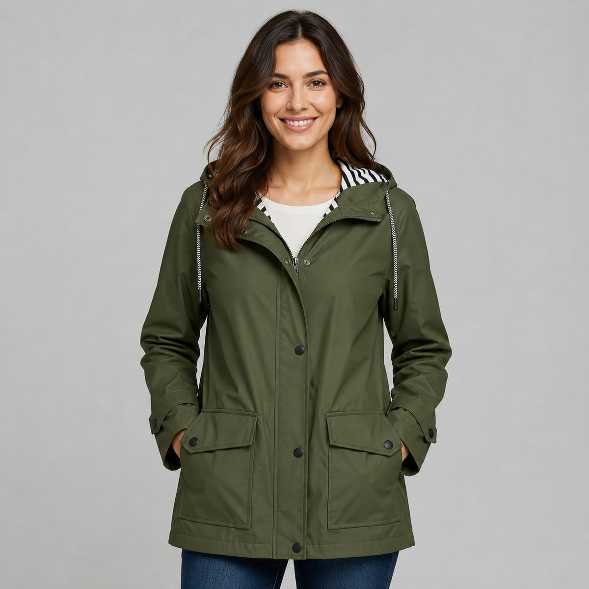Women's Hooded Trench Coat with Button Front