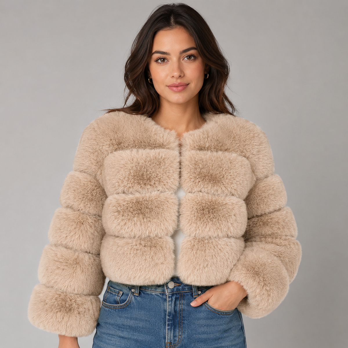 Women's Faux Fur Jacket Cropped with Round Neck