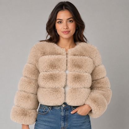 Women's Faux Fur Jacket Cropped with Round Neck