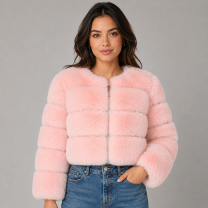 Women's Faux Fur Jacket Cropped with Round Neck