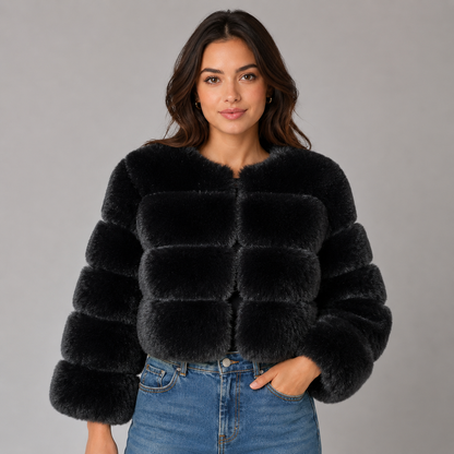 Women's Faux Fur Jacket Cropped with Round Neck