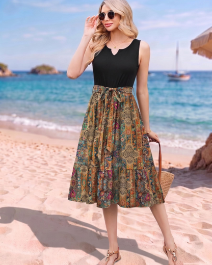 Women's Sleeveless Midi Dress with Belt and Pockets